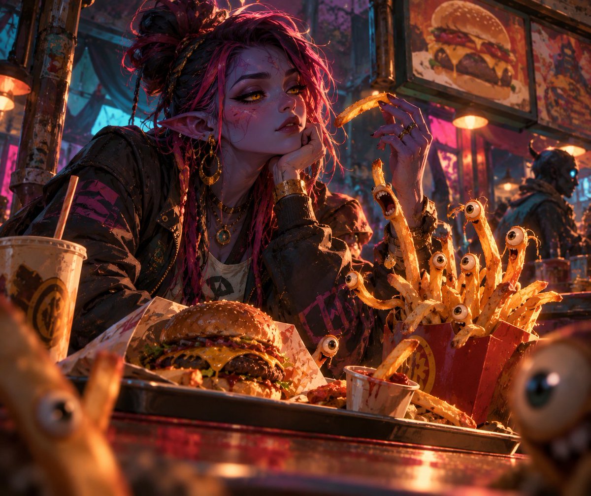 tinkererai's tweet photo. 🍟👽 Extra Crispy. Extra Alive. 🍔👁️

Just an alien girl grabbing a late-night burger. The fries are staring. One is screaming. Another is planning something. 😂🌌

She’s seen weirder things. Probably. 💜✨ https://t.co/6UNOHLBP5n