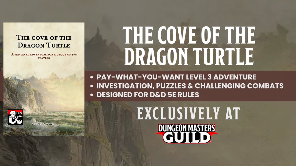 dms_guild's tweet photo. Cove of the Dragon Turtle is available now!

Get it here: https://t.co/PIwy9ELpcF

A short 3rd level adventure for 3-4 players that includes investigation, puzzle solving and challenging combat.
#dnd5e #dungeonsanddragons https://t.co/Ls7fVRJh0h
