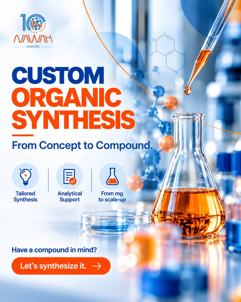 NawahScientific's tweet photo. عندك Target Molecule وبتدور على جهة علمية تدعمك في تطوير الـ Synthesis Route وتنفيذ الـ Custom Synthesis؟

في Nawah Scientific، بنوفر حلول Custom Organic Synthesis لدعم مشاريع R&D والشركات الناشئة، بدايةً من دراسة الـ Target Structure وتطوير الـ Synthesis Route، وصولًا إلى تحضير الـ Organic Compound المطلوب.

تشمل الخدمة:
🔹 Custom Organic Synthesis
🔹 Synthesis Route Development
🔹 Specialized & Research Compounds
🔹 دعم مشاريع Pharma & R&D
🔹 مركبات لتطبيقات Fragrance & Perfume

من Target Molecule إلى Synthesized Compound - دعم علمي مصمم حسب متطلبات مشروعك.
📩 Discuss your synthesis requirements with our scientific team.
📞 Phone: +20 10 6448 8216
📧 Email: info@nawah-scientific.com
🌐 Website: https://t.co/W4F2GOJO0k
📍 Address: Mokattam Mall, Street 9, Al Asmarat, Mokattam, Cairo
#targetstructure #pharmacylife #research #NawahScientific