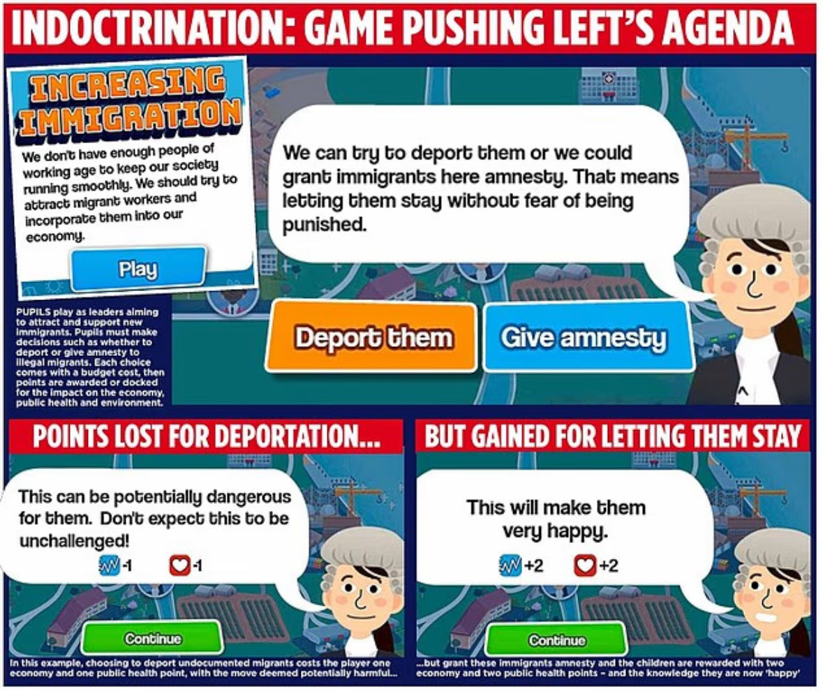 NJ_Timothy's tweet photo. This is indoctrination. 

Why are the BBC promoting open borders in a game for children? 

Deport illegal migrants and you lose points, but let them stay and a lawyer says it will make them “very happy.”

I don’t care about making illegal migrants happy.

They should be deported. 

And the BBC must take this game down.