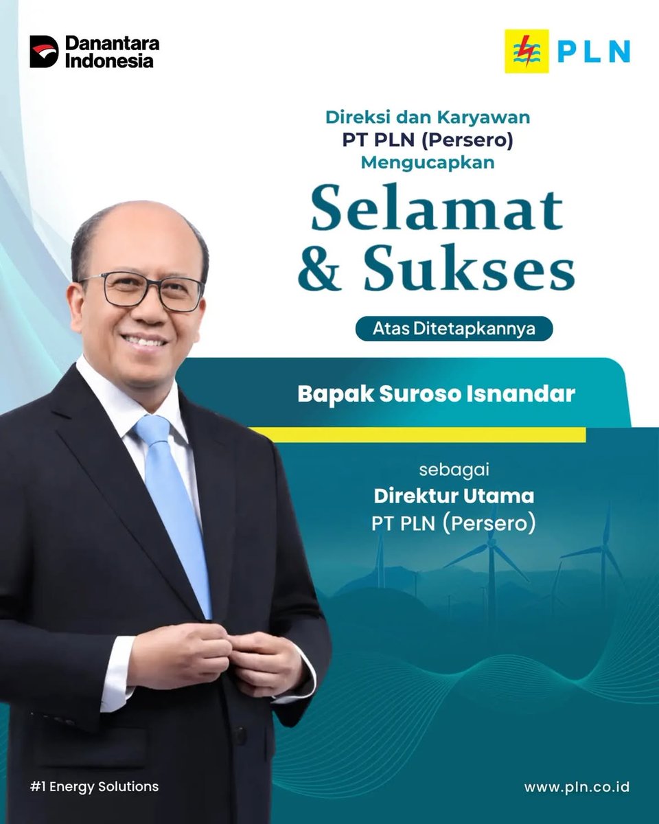 ElectrizenDaya's tweet photo. Selamat dan sukses kepada Bapak Suroso Isnandar atas amanah baru sebagai Direktur Utama PT PLN (Persero).

#PLNUntukIndonesia #1EnergiSolutions https://t.co/NaY0LnF7U9