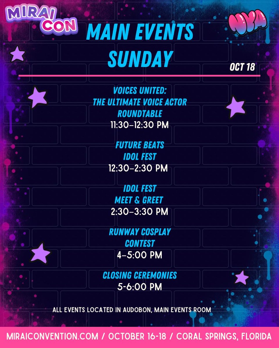 miraiconfl's tweet photo. SUNDAY MAIN EVENTS ARE HERE!! π₯
Voices United VA roundtable, Future Beats Idol Fest, meet & greet, Runway Cosplay Contest + Closing Ceremonies!! β¨
All in the Audubon Main Events room!! Don't miss the finale!!
#MiraiCon #MiraiCon2026 https://t.co/3cDO7w897h