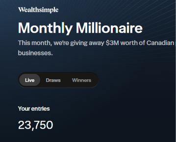 TrueNorthMRR's tweet photo. I'm curious how many entries people have this month for the @Wealthsimple Monthly Millionaire? https://t.co/N8E5n3ICZj