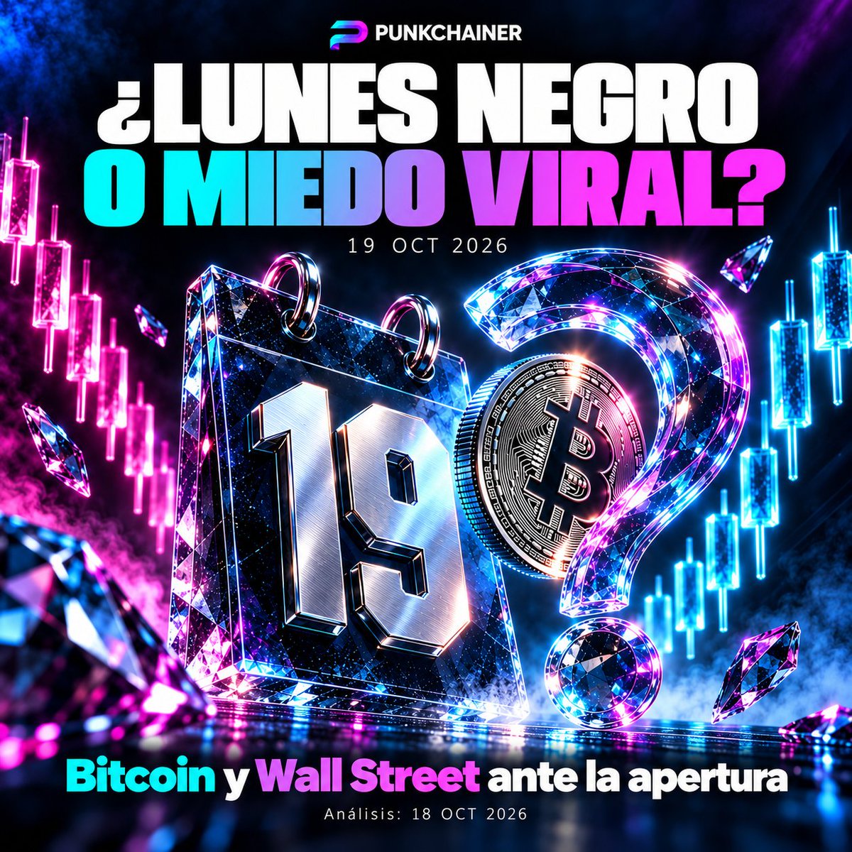 PunkchainersCM's tweet photo. 🚨 ¿LUNES NEGRO O MIEDO VIRAL?
Mañana, 19 de octubre, Wall Street abre con tensión y muchas predicciones de desplome. Conviene separar los riesgos de las conclusiones precipitadas.

Esto es lo que sabemos:
📉 El Nasdaq Composite cayó un 2,14% el viernes 16 y el VIX cerró en 19,99. Hubo presión en tecnología y aumentó la volatilidad.

🏦 Los bonos necesitan contexto: el rendimiento estadounidense a diez años bajó del 5,24% al 5,09% entre el 9 y el 16 de octubre. Decir que los rendimientos «se están disparando» no describe esa semana.

🛢️ El petróleo caro, la inflación y la tensión geopolítica pueden complicar el panorama para los activos de riesgo.

⚠️ Las capturas de perpetuos de IA muestran contratos que pueden negociarse mientras la bolsa está cerrada. Su movimiento no demuestra una caída equivalente en las acciones.

Además, coincidir con la fecha del crash de 1987 no permite predecir otro.

🕒 Hoy, domingo, los futuros E-mini S&P 500 reabren a las 18:00 ET. Mañana, la sesión principal de Wall Street comienza a las 09:30 ET.

Para Bitcoin, importará cómo responde: si pierde niveles y no los recupera, si estabiliza el rango o si aparece una recuperación sostenida.

👇 ¿Qué mirarás primero: Nasdaq, petróleo o Bitcoin?

#Bitcoin #Trading #Punkchainer