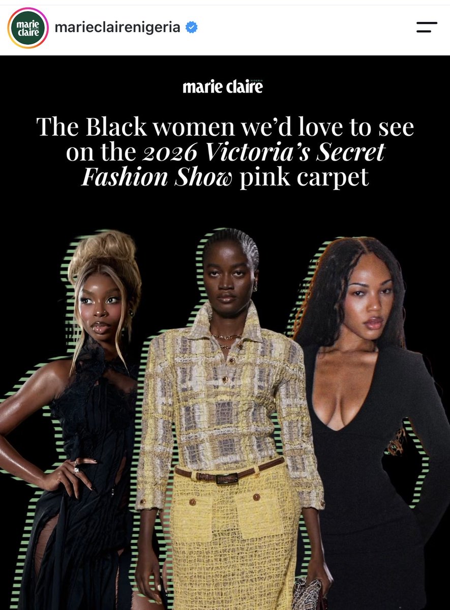 juanitamay1998's tweet photo. Marie Claire Nigeria featured Olandria on its dream guest list of Black women they’d love to see on the 2026 Victoria’s Secret Fashion Show pink carpet! https://t.co/FgtL6dMZaK