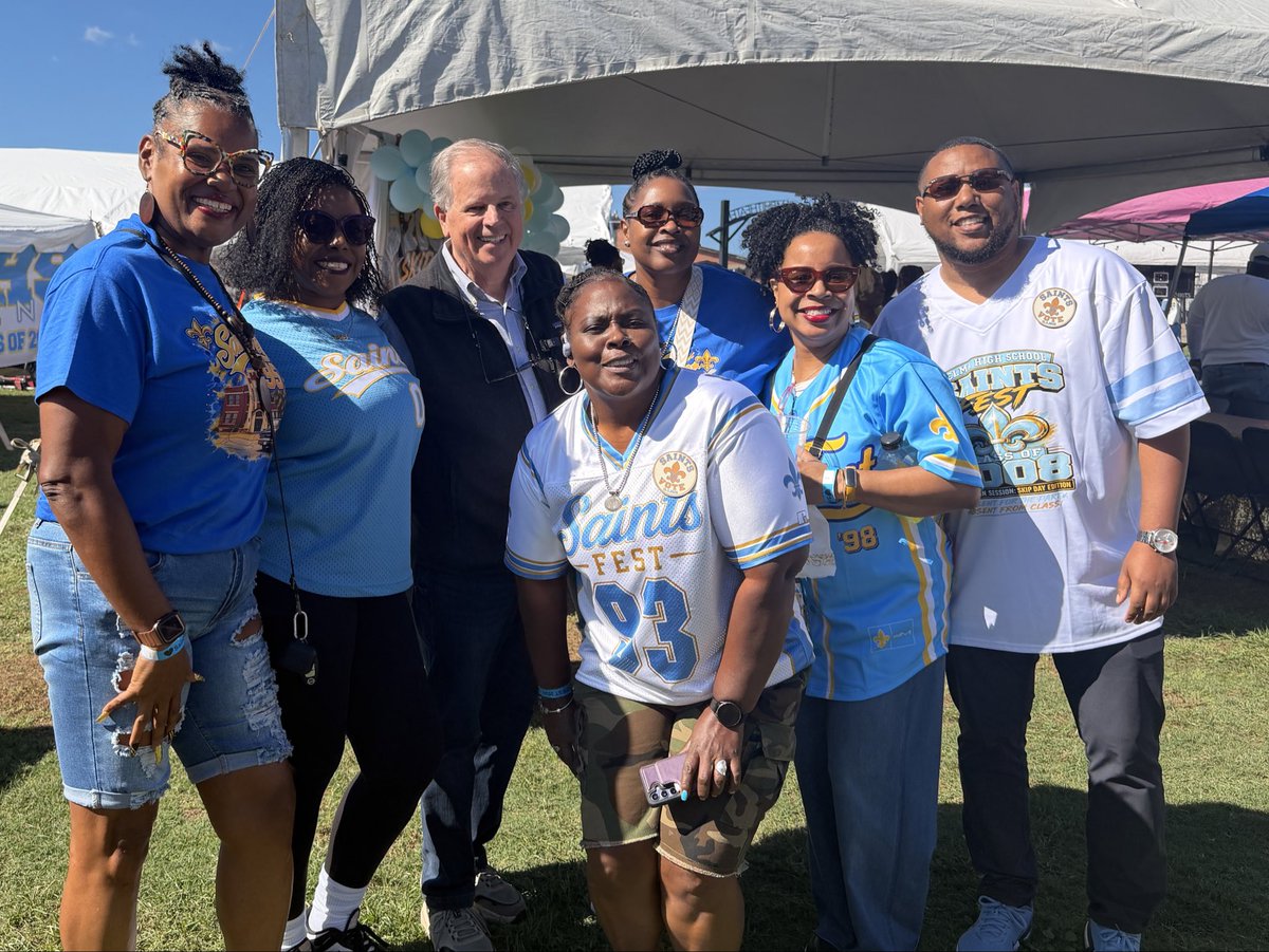 DougJones's tweet photo. We had a time at SaintsFest! Thank you to my friends, @Sewell4Congress and Sen. Robert Stewart, for welcoming me to your all class reunion. https://t.co/jOsVDLIqUe