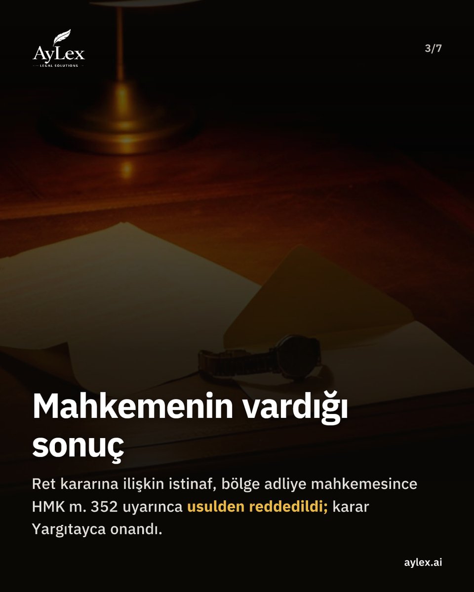AyLexHukuk's tweet photo. Ret kararına karşı istinaf süresi tebliğden itibaren bir haftadır (HMK m. 346).

Tebliğ 23.01.2020, dilekçe 05.02.2020: başvuru usulden reddedildi, karar onandı.

Yargıtay 3. HD, E. 2022/7327, K. 2022/9485, 14.12.2022.

#istinaf #HMK346 https://t.co/R9Ij7EwngJ