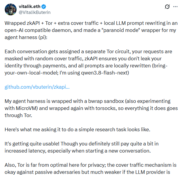 KaiVenn__'s tweet photo. Everyone is hyping "AI agents with crypto wallets."

Vitalik just quietly showed why 99% of them are walking honeypots.

Think about it: the moment your autonomous agent queries an external LLM, your IP, wallet addresses, and stylistic writing quirks are logged and correlated. You aren't sovereign; you're just doxxing yourself in plain text.

His "paranoid mode" blueprint is the first real architecture for on-chain survival:

- Sandboxed inside MicroVM / bwrap
- Separate Tor circuit for every single session
- Decoy cover traffic to break timing analysis
- zkAPI for zero-knowledge metered inference payments
- Local LLM prompt rewriting to scrub stylistic fingerprints before leaving the machine

If your agent isn't sanitizing prompts locally and decoupling billing via ZK-proofs, it’s not an autonomous financial actor.

It’s just an unshielded API key waiting to be front-run.