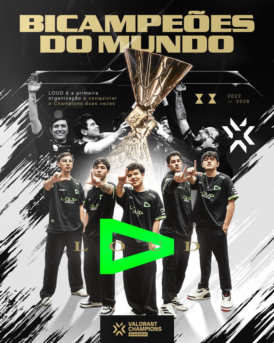 valesportsbr's tweet photo. O raio caiu pela segunda vez no mesmo lugar. LOUD, a primeira organização a conquistar o #VALORANTChampions DUAS VEZES na história! 💚

🏆 2022, em Istambul
🏆 2026, em Shanghai

Roteiros incrivelmente parecidos nas duas campanhas, ídolos criados e título sendo coroado novamente na Haven. 

MAIS UM DIA INESQUECÍVEL PARA O VALORANT BRASILEIRO 🇧🇷
