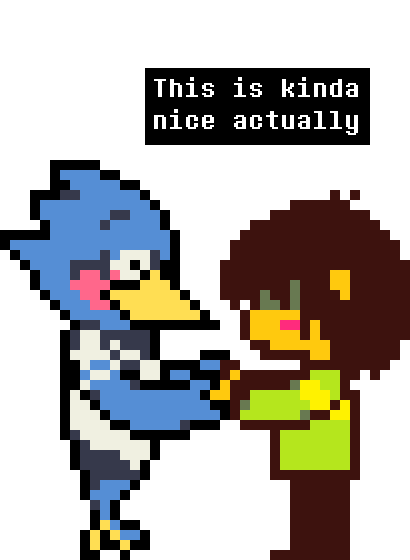 difrntusername's tweet photo. berdly holds hands with kris and is more flustered than he anticipated
#deltarune #utdr #pixelart #kerdly #krerdly https://t.co/sVVBRHIgM3