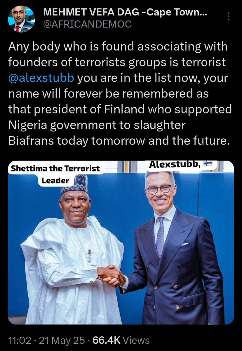 OCCPriceless's tweet photo. Dear Roni Arvonen (@RoniArvonen),

As a Pan-Africanist, I speak for Biafrans and other Africans when I say that we respect your concerns. However, please tell your shameless and corrupt government, and others like it, to stop collaborating with regimes whose atrocities we consider comparable to, or even worse than, those committed by the Nazis, and to stop facilitating transnational repression against Biafrans and other Africans.

Better still, let your governments fund us the same way they fund Ukraine, and watch the mass exodus of Biafrans return to their homeland to liberate, rebuild, and develop their nation.

You cannot have your cake and eat it too.

Your governments cannot contribute to the suffering and instability that force Africans to flee their homelands, then turn around and blame those same Africans for seeking refuge elsewhere.

The problem is not simply the immigrants fleeing persecution, oppression, and insecurity. The problem also lies with the foreign policies, historical exploitation, and continued interference of governments that have helped create or perpetuate these conditions.

Start by reading about the Scramble for Africa, the Berlin Conference of 1884–1885, and the colonial partition of our continent. Then perhaps we can begin an informed conversation about who bears responsibility for Africa's historical and continuing challenges.

Thank you, and enjoy the attached video.

#ShameOnFinland