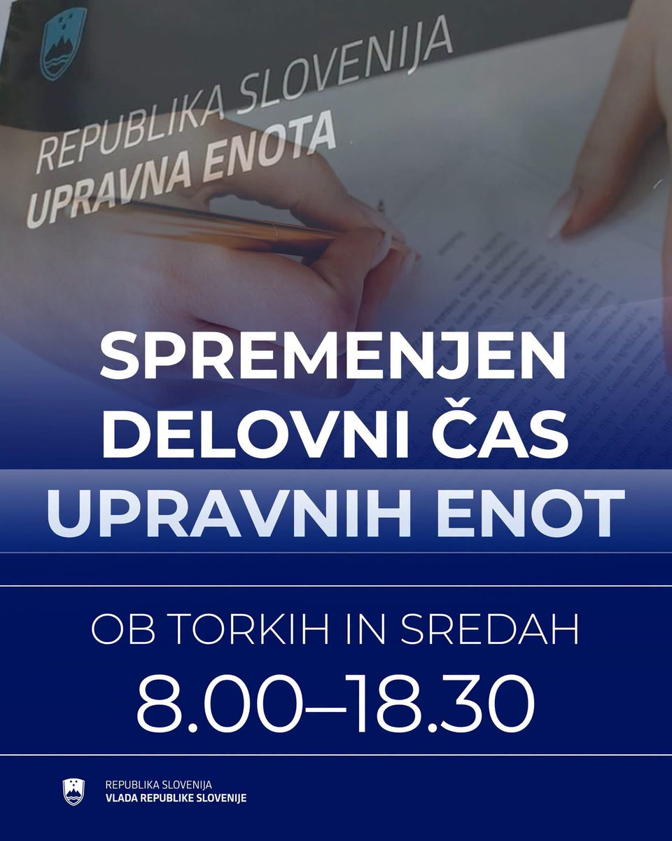 vladaRS's tweet photo. ✅ V veljavo sta stopili uredbi, s katerima je vlada podaljšala delovni čas in uradne ure na upravnih enotah. 

➡️ Uradne ure bodo ob torkih in sredah podaljšane do 18.30.

Minister Franci Matoz: Delovanje javne uprave bomo bolj približali ljudem. Takšna sprememba je potrebna, da se državljankam in državljanom omogoči, da lahko različne zadeve urejajo tudi popoldan, brez da bi jim bilo potrebno za to jemati dopust.