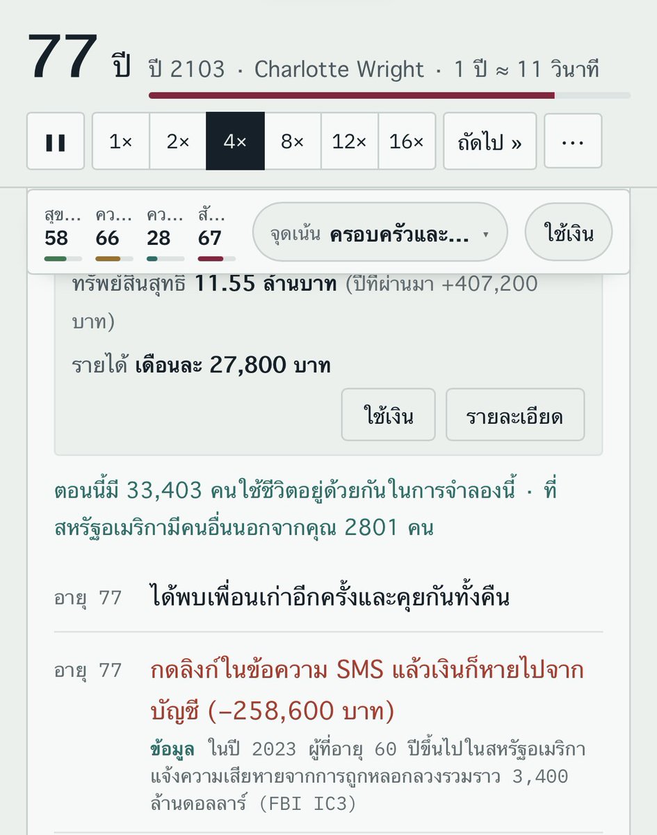 rosa_hybrida's tweet photo. กดเป็นสิบๆ รอบกว่าจะหลุดจากประเทศอด. พอได้เกิดที่เมกาปุ๊บเลยลองเล่นดูจนจบ เกิดในครอบครัวธรรมดา ชีวิตไม่หวือหวา ชีวิตคู่ก็โอเค ตัดสินใจที่จะไม่มีลูก พอแก่แล้วเจอสแกมเมอร์ดูดเงินไปหนึ่งกรุบ สุขภาพแข็งแรงและไม่เป็นโรคสมองเสื่อม อายุยืนมากด้วย

เป็นเกมที่ให้ความรู้สึกแปลกๆ ยิ่งพออายุมากขึ้นมันยิ่งเรียลอะ