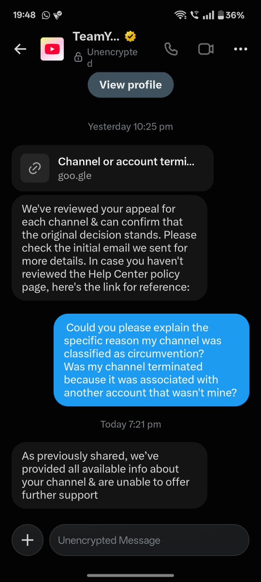 Rosiena8z's tweet photo. Day 4 of fighting for my channel🙂😄 @TeamYouTube

YouTube terminated my YouTube channel for circumvention which I believe has nothing to do with my account because I didn't create any new YouTube channel to bypass a termination. Lemme explain it again.

1. I created my YouTube channel in 2023.
2. Later in April or May 2025 i logged in to my friend's account on my device.
3. My friend's account got terminated on October 14, and after that YouTube terminated my two YouTube accounts: one on October 14 and another on October 15 (this one was my main channel).
4. My appeal got rejected within hours by automated system ofcourse. After that I tagged YouTube here on X, and all I'm getting are automated AI replies😑 which is literally very annoying.
