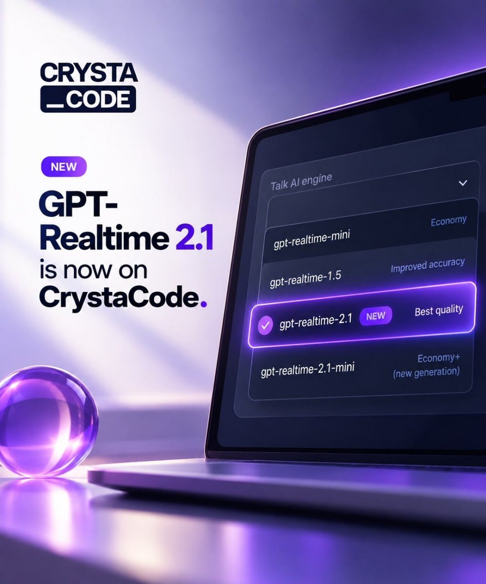 CrystaCode's tweet photo. GPT-Realtime 2.1 is now on CrystaCode.⚡️💜

Build voice agents with better reasoning, more natural conversations, smoother interruptions, and more capable tool use.

Select GPT-Realtime 2.1 in your Talk AI engine settings and start building smarter voice experiences

#CrystaCode https://t.co/78R1rU39eW