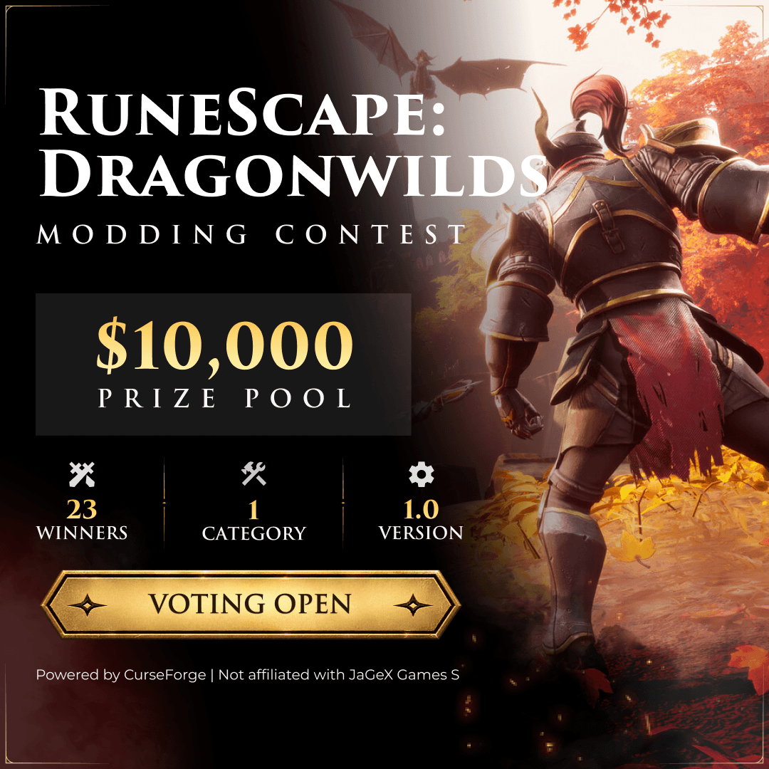 CurseForge's tweet photo. The entries are in for the RuneScape: Dragonwilds $10,000 Mod Contest, and now it’s time for YOU to choose your favorites 👀

Now’s your chance to help three talented creators take home $1,000 each and the title of Community Favorite!

Vote for your top pick here: https://t.co/O65gg7HQRo