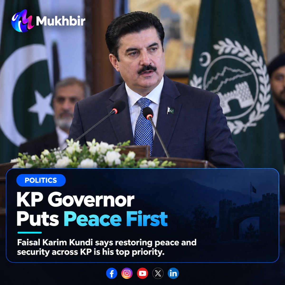 MukhbirPk's tweet photo. KP Governor Faisal Karim Kundi says restoring peace and improving security in Khyber Pakhtunkhwa is his top priority.

What steps do you think are needed for lasting peace in KP?

Disclaimer: AI-generated illustration, not an actual photograph.

#KPPolitics #PakistanNews #Mukhbir https://t.co/1BXPx3KaB6