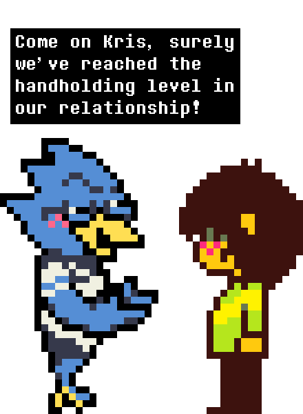 difrntusername's tweet photo. berdly holds hands with kris and is more flustered than he anticipated
#deltarune #utdr #pixelart #kerdly #krerdly https://t.co/sVVBRHIgM3
