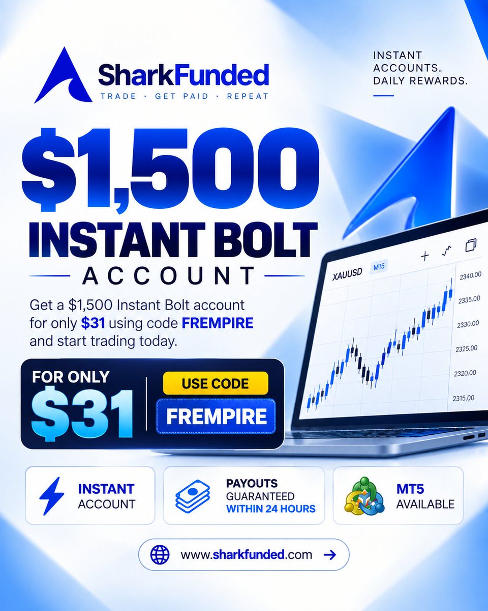 FrFundedEmpire's tweet photo. 🚨 $1.5K SHARKFUNDED INSTANT BOLT — ONLY $31! 🔥

⚡ Instant Funded Account
💰 Daily Payouts
✅ MT5 Available 

Link here :- https://t.co/AwuCnVPAth
🎟️ Use Code: FREMPIRE 

💬 Would you try a $1.5K Instant Account for just $31? 👇🔥 https://t.co/6BpNeOlyPI