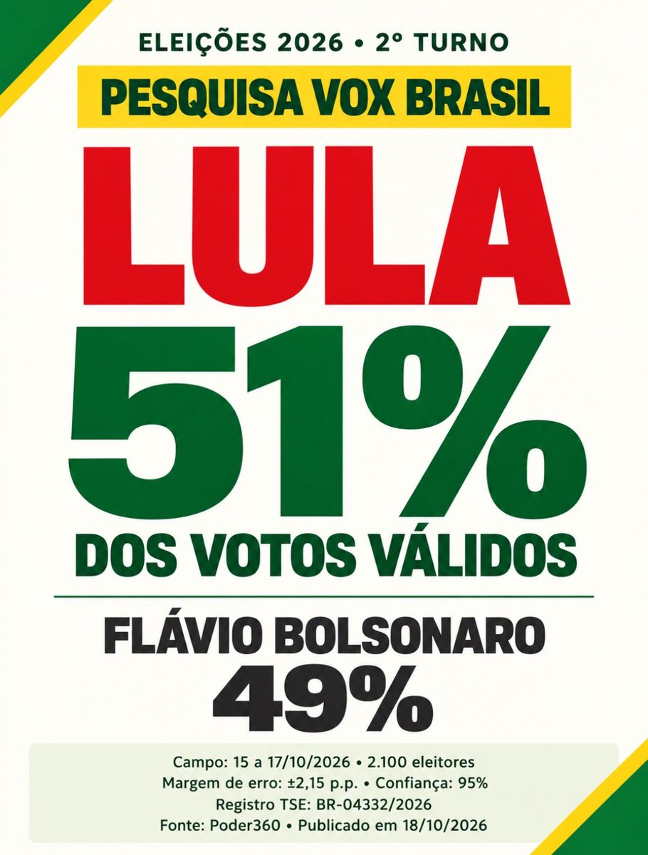 AfonsoFlorence's tweet photo. 📊 Pesquisa VOX BRASIL NACIONAL
🗓️ 05 a 07 > 15 a 17 de outubro

✅ 2º TURNO — VOTOS VÁLIDOS

🔴 Lula (PT): 51% ⬆️
🔵 Flávio Bolsonaro: 49% ⬇️ https://t.co/EA05xZCQ1A