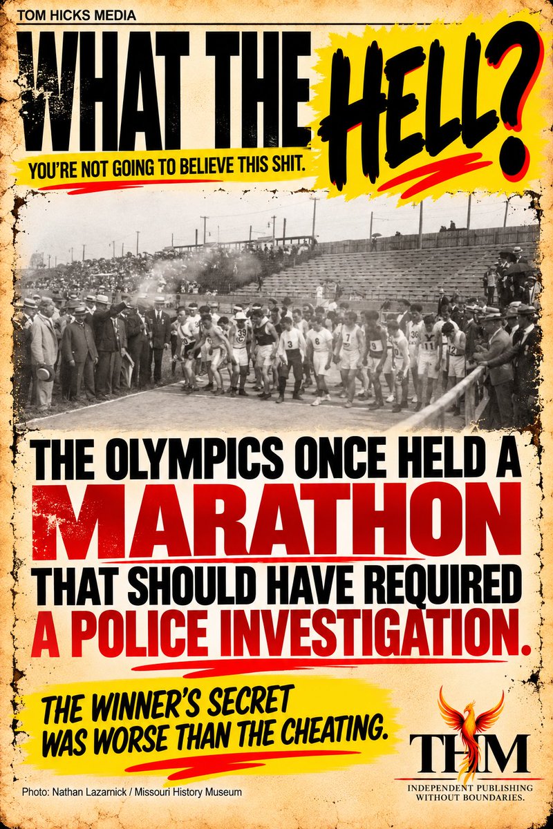 TomHicksMedia's tweet photo. One runner took a car. Another took a nap. Guess what they gave the winner?
#WhatTheHell #OlympicHistory #WeirdHistory #1904Olympics #HistoryHumor #SportsHistory #TomHicksMedia
https://t.co/yUx26dti0s https://t.co/hqPxiPIUVu