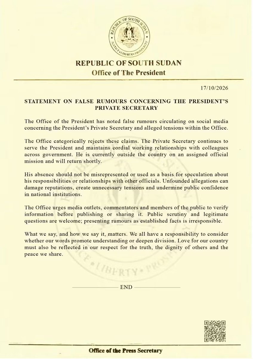RadioOneSS's tweet photo. #SouthSudan: The Office of the President has dismissed rumors regarding the President’s Private Secretary and reported workplace tensions, clarifying that the official is currently abroad on an official assignment. https://t.co/51wt9r9Dyi