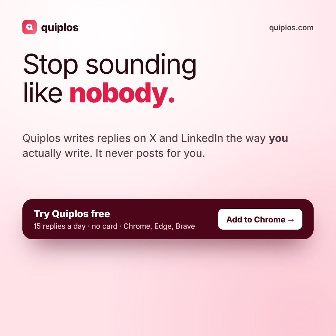 quiplos's tweet photo. 3 signs your reply was written by AI:

1. starts with "Great point!"
2. repeats the post back to you
3. 🚀🙌 at the end, every time

the fix 👇 https://t.co/DGEiZ5u3fd