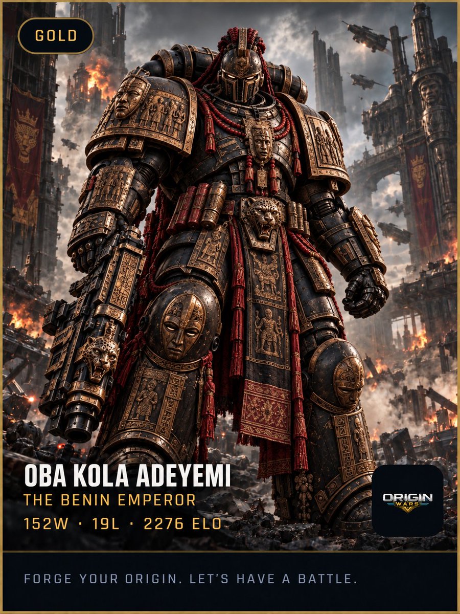 jamin_ow's tweet photo. Henry Cavill, I need to tell you about a king in @OriginWars_ .

His name is Oba Kola Adeyemi. The Benin Emperor.

Twice the height of a man. Gold and bronze armor cast like the Benin bronzes. He has guarded one fire for a thousand years and never once sat on his throne.

Every rival he beats becomes a plate in his armor, their name burned into the bronze. There is one space over his heart that is still bare.

He's keeping it for you.

I didn't draw him. I wrote him, and Origin Wars forged him a deck from his story. Nothing you buy makes you stronger. Only what you write.

So write your Origin. Bring it to Cadia. Kola will be waiting at the gates.

Cadia stands. Let's see if you do.

https://t.co/vSEvyxTKlP

Everyone else: forge yours and drop it in the replies. Let's see who's worthy of that last plate before Henry shows up.

#HenryCavill #Warhammer40k #CadiaStands #mobilegame