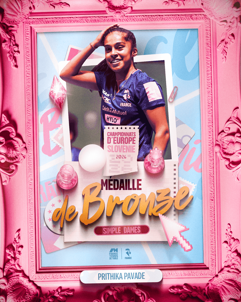 ffttofficiel's tweet photo. Prithika Pavade médaillée de bronze🥉👏

Prithi décroche une magnifique médaille de bronze en simple dames aux Championnats d’Europe de Ljubljana ! 🇫🇷

Félicitations à Prithi pour ce superbe parcours et cette première médaille européenne en simple ! 💙

#TeamFrance 🇫🇷 https://t.co/IX8WDY1CwU