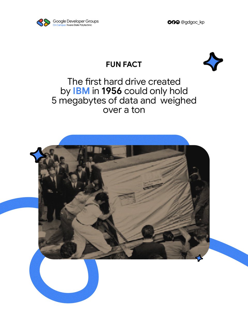 Gdgoc_kp's tweet photo. Need a quick reality check on how far tech has come?

The first-ever hard drive weighed over a ton and held less data than a single smartphone photo. 🤯
#gdgoncampus #kwarapoly #techhistory #ibm #developercommunity https://t.co/O1Akxu26OQ