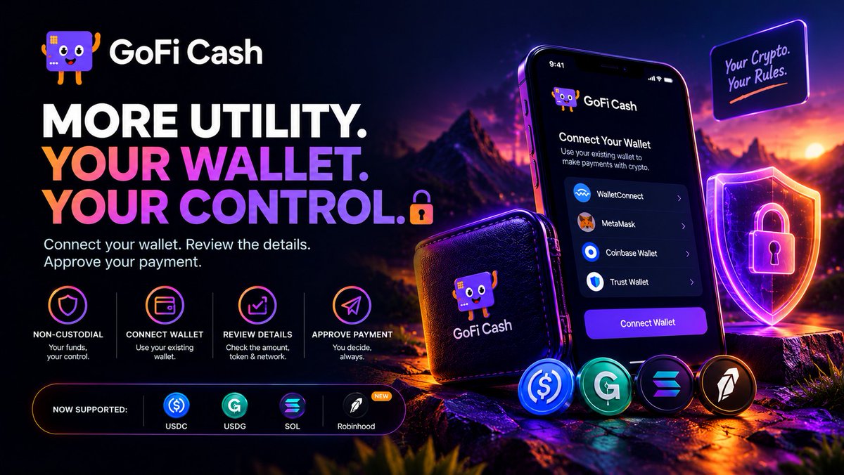 ieshasking's tweet photo. Convenience matters. Control matters too.

Big update from GoFi Cash today: the team announced the addition of SOL and Robinhood to its payment options. 👀🔥

That’s another step in making crypto more practical for everyday digital needs.

GoFi Cash says its model is non-custodial: you connect your existing wallet and approve each payment yourself instead of depositing your funds with GoFi.

For people who prefer managing their own crypto, that’s an important part of the value proposition.

Still, non-custodial doesn't mean risk-free. Always verify the website, supported assets and networks, transaction details, and total cost before signing.

My takeaway?

Crypto adoption isn't only about getting more people to hold tokens. It's about making those assets useful in real life.

Explore GoFi Cash: https://t.co/blzjwgCDbF