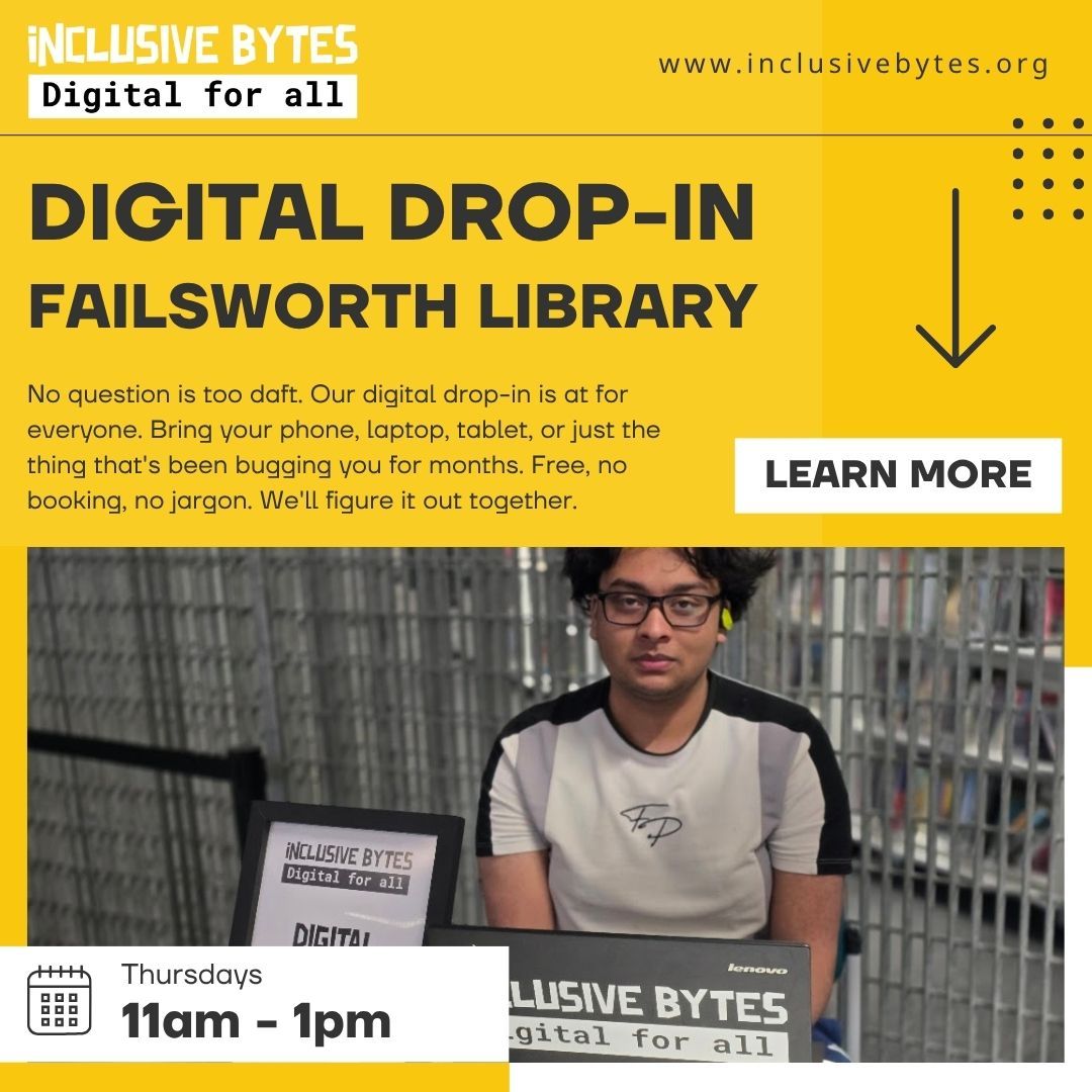 InclusiveBytes's tweet photo. No question is too daft. Our digital drop-in is at for everyone. Bring your phone, laptop, tablet, or just the thing that's been bugging you for months. Free, no booking, no jargon. We'll figure it out together. Thursdays 11am - 1pm Failsworth Library https://t.co/PzUezgQ7ep