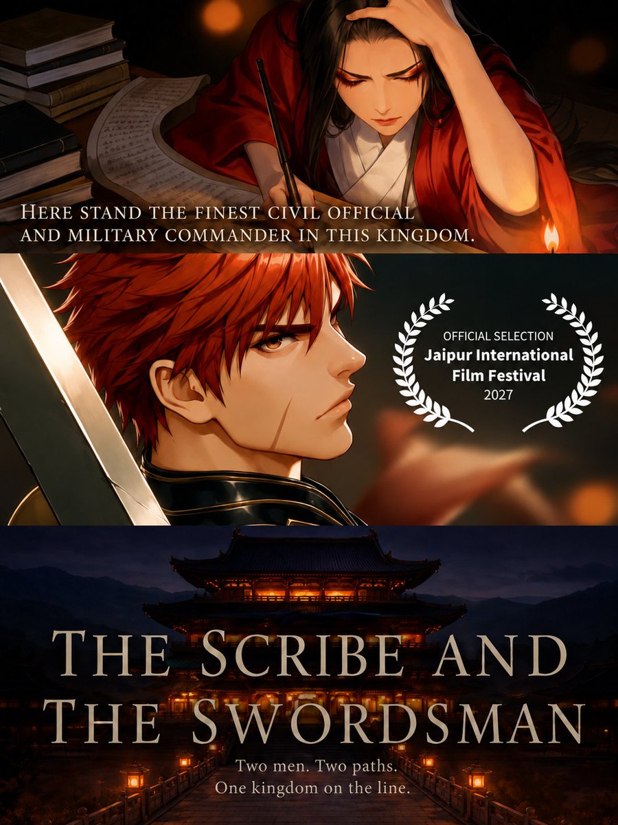 pariparifilm_ai's tweet photo. 【文官と武官速報】
インドジャイプール国際映画祭で「文官と武官」
「The Scribe and the Swordsman」
がAI長編部門に公式選出されました！
大変光栄です！ありがとうございます🙏

文官と武官は11カ国16映画祭での選出となりました
ありがとうございます！ https://t.co/lDZPBcr7kq