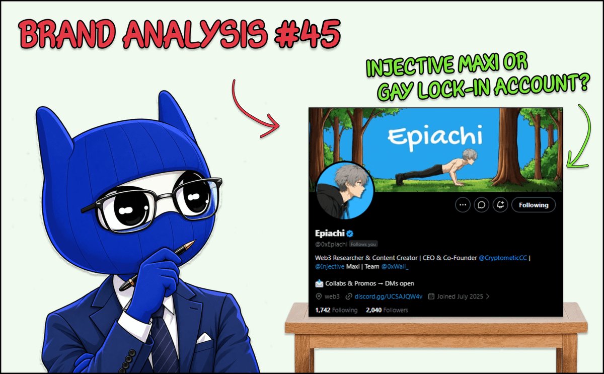 globestreets441's tweet photo. "Brand Analysis" - episode 45

today's guest is @0xEpiachi

injective maxi or just gay lock-in account?

his strengths:

- posts structured monthly recaps with real numbers
- has his own project (@CryptometicCC)

but what could he improve?

1. bio is a role dump

Web3 Researcher & Content Creator | CEO & Co-Founder | Injective Maxi | Team @0xWali_ 

too many titles at once

people still have to guess what he actually does better than the next Injective account

2. researcher claim vs content

he calls himself a researcher

but a lot of posts are ecosystem updates, "locked in", and joining new programs

real research would be deeper takes that don't just list what already happened on the chain

3. grind talk is loud

300 replies a day, no more anime, no more parties, winter arc, lock in

the intention is good

the problem is the feed starts feeling like the plan instead of the result

-----

a guy who picked Injective and stuck with it, that's already better than most

what's missing is content that makes people remember him for more than "the injective guy who is locking in again"

anyway, wishing him the best!