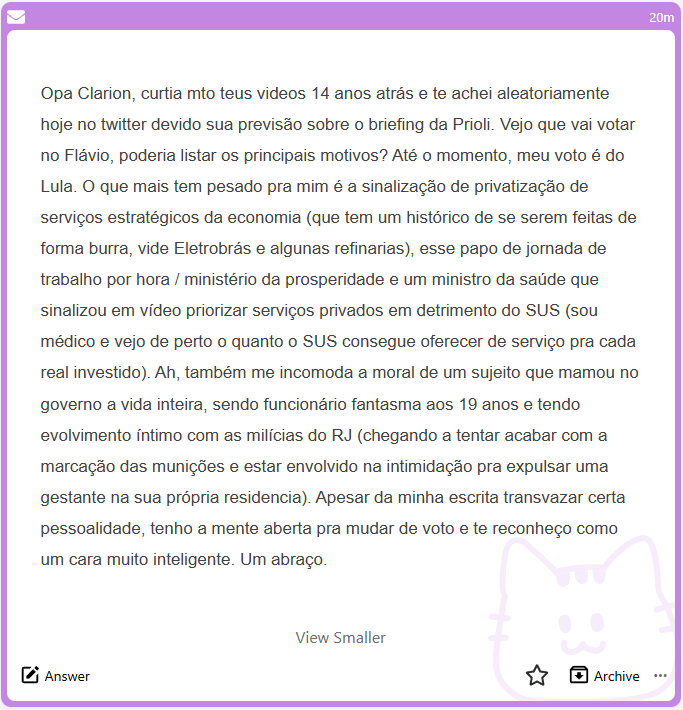 clarionrox's tweet photo. Cara... boa parte do que vc falou sobre o Flávio são críticas que fazem sentido. Eu não acredito que ele privatizará nada relevante e nem acho que jornada por hora seja ruim (é padrão no mundo civilizado), mas não vou me apegar a detalhes. 

O lance de evitar o Lula a qualquer custo são basicamente 2:

1. Irresponsabilidade fiscal.
São recordes atrás de recordes de gastos, déficit, dívida pública. Isso vai prejudicar o Brasil por GERAÇÕES. Nós já estamos condenados a ter carga tributária de país rico com renda de país pobre pro resto de nossas vidas graças aos últimos anos de PT, e a situação só vai piorar. 

2. Ameaça democrática.
Ao contrário do lugar comum do golpe com tanques e generais, nós temos EM ANDAMENTO um golpe no estilo bolivariano - com o judiciário pouco a pouco atropelando o legislativo, cassando, prendendo e perseguindo políticos de oposição, etc. 
E ao contrário do Golpe Hipotético do Bolsonaro, este está sendo um sucesso. Só um negacionista vai fingir que não ouviu frases como o "Missão dada é missão cumprida", "Perdeu mané" e "Nós derrotamos o bolsonarismo" partindo de dentro do STF.
Dê mais 4 ministros do STF pro Lula, especialmente no padrão Dino, e talvez nós tenhamos uma situação "María Corina Machado" de 2030 pra frente.

Não é que o Flávio seja bom.

Ele é péssimo.

Mas a gente precisa tirar o PT a qualquer custo, enquanto ainda é possível.