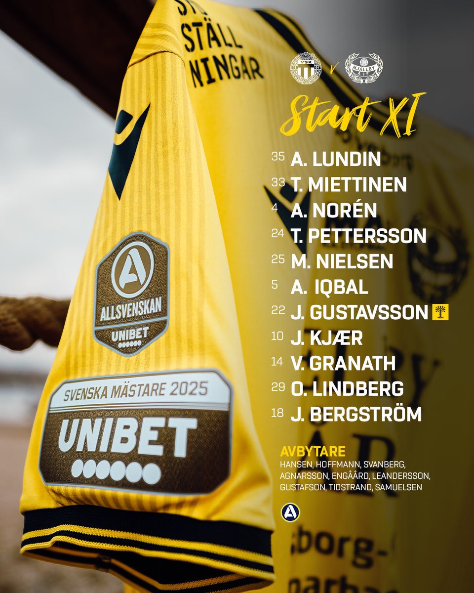 MjallbyAIFs's tweet photo. 📋 | Start XI 💛🖤

🆚 Västerås SK
🏟️ Hitachi Energy Arena
🗓️ Söndag 18 Oktober 
🕑 14:00
🎟️ https://t.co/uXkVYFkMr8
📺 TV4 Play

🏥 Timo Stavitski, Måns Isaksson, Villum Dalsgaard, Teo Helge, Ali Youssef och Paul Colley är inte tillgängliga.

#MjällbyAIF #Allsvenskan2026 https://t.co/8mtAhswh1F