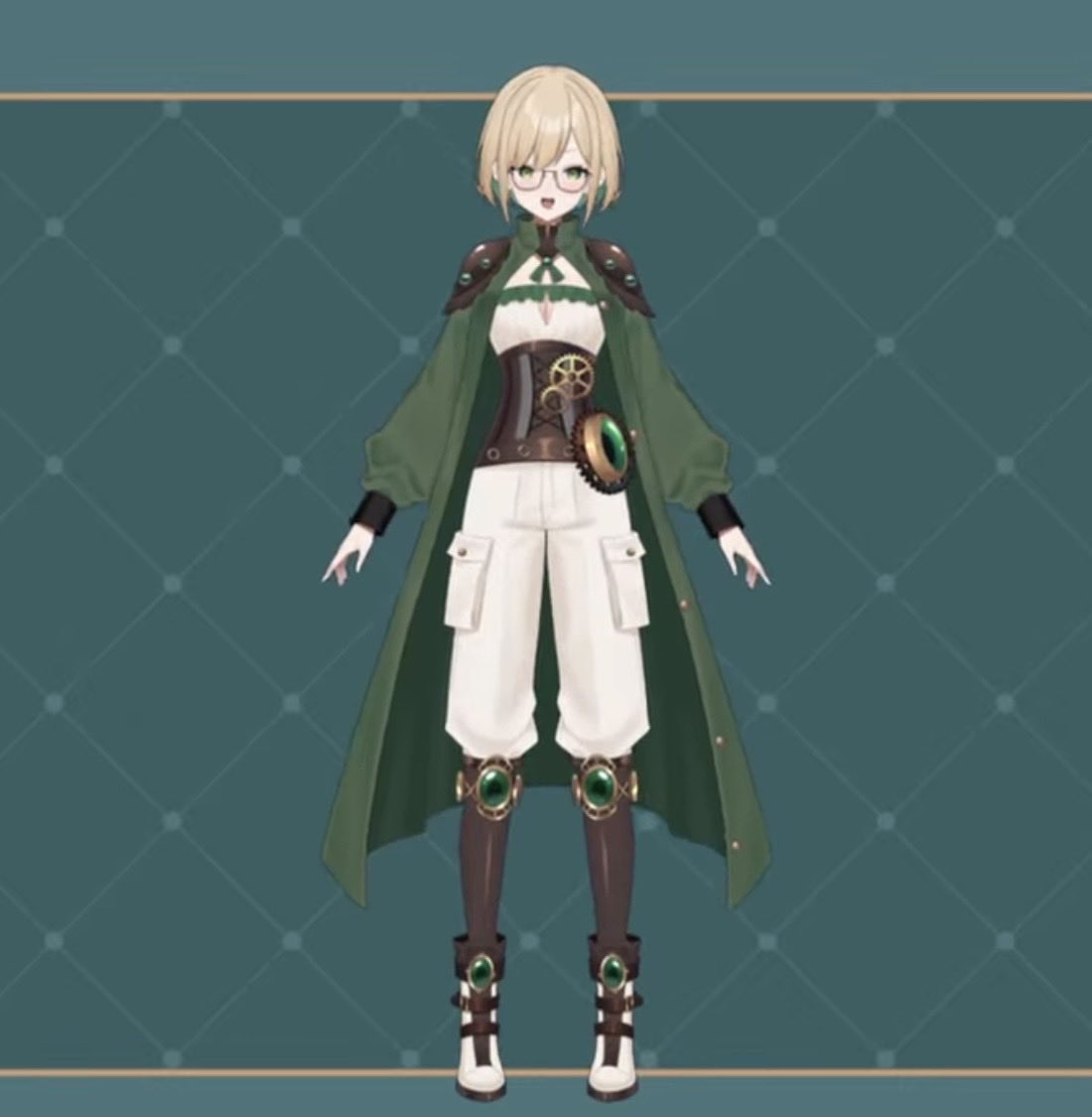 signal0015's tweet photo. とうとうわさびさんの新衣装公開！

第一印象は様々な場所に彩られた緑色の宝玉から「冒険者&amp;魔導士」

ゲーム大好きなわさびさんにぴったり

新たな装備品として眼鏡があり賢さもレベルアップ

この魅力も賢さもアップした新衣装でさらに配信ファイトです！

#わさびなう
#やまび声 https://t.co/1LizW14uWN