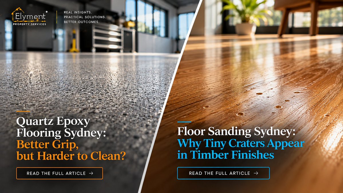 ElymentGroup's tweet photo. Two flooring finishes. Two unexpected problems. 👀

🪨 Quartz epoxy: better grip, but harder to clean?

🪵 Fresh timber finish: why do tiny craters appear?

Find out what causes these issues and what to check. 👇

https://t.co/bxrD1o4GfM

https://t.co/Ut4OFHharr https://t.co/3PdnM7Czh7