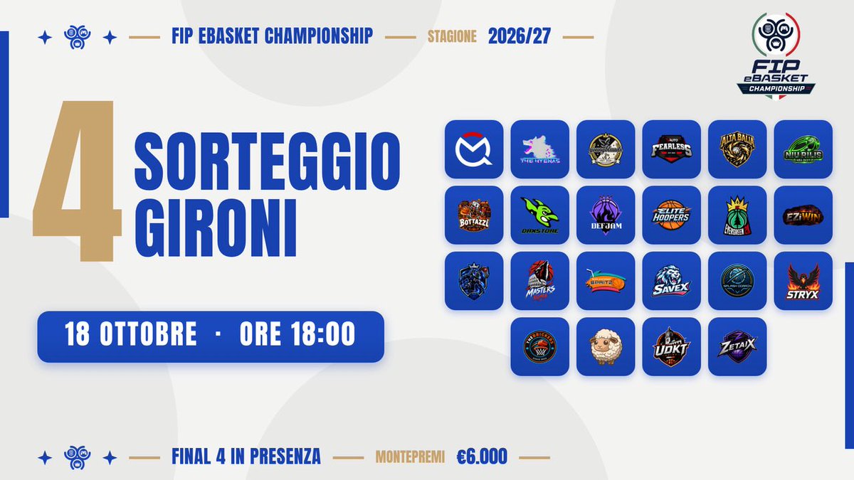 eBasket_ITA's tweet photo. Sorteggio dei gironi del FIP eBasket Championship 🇮🇹🏆

⏰ 18:00

📺 https://t.co/mKE1t03cD3
📺 https://t.co/hEC378GWFz
📺 https://t.co/sSM3NKb3z3 https://t.co/Y8Xw6KbAWo