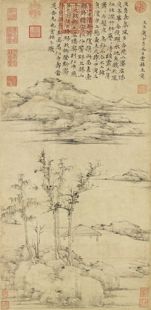 artacrosstime's tweet photo. Ni Zan was born rich. When famine and revolt hit, on top of heavy taxes, he gave it all away to friends and moved onto a houseboat. His bare riverbank landscapes never show a person. The Rongxi Studio, 1372.

National Palace Museum, Taipei
#ChineseArt #ArtHistory #Art https://t.co/2eV2wOwlU8