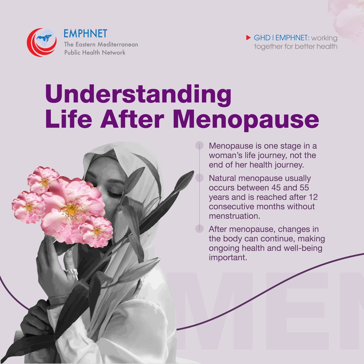 EMPHNET's tweet photo. Life after menopause can bring changes to your body and well-being, making continued care, healthy habits, and regular health check-ups important.

Because your health still matters, at every stage of life. 💜 #PostMenopauseMatters #WorldMenopauseDay

Source: WHO https://t.co/4VK6rObFou