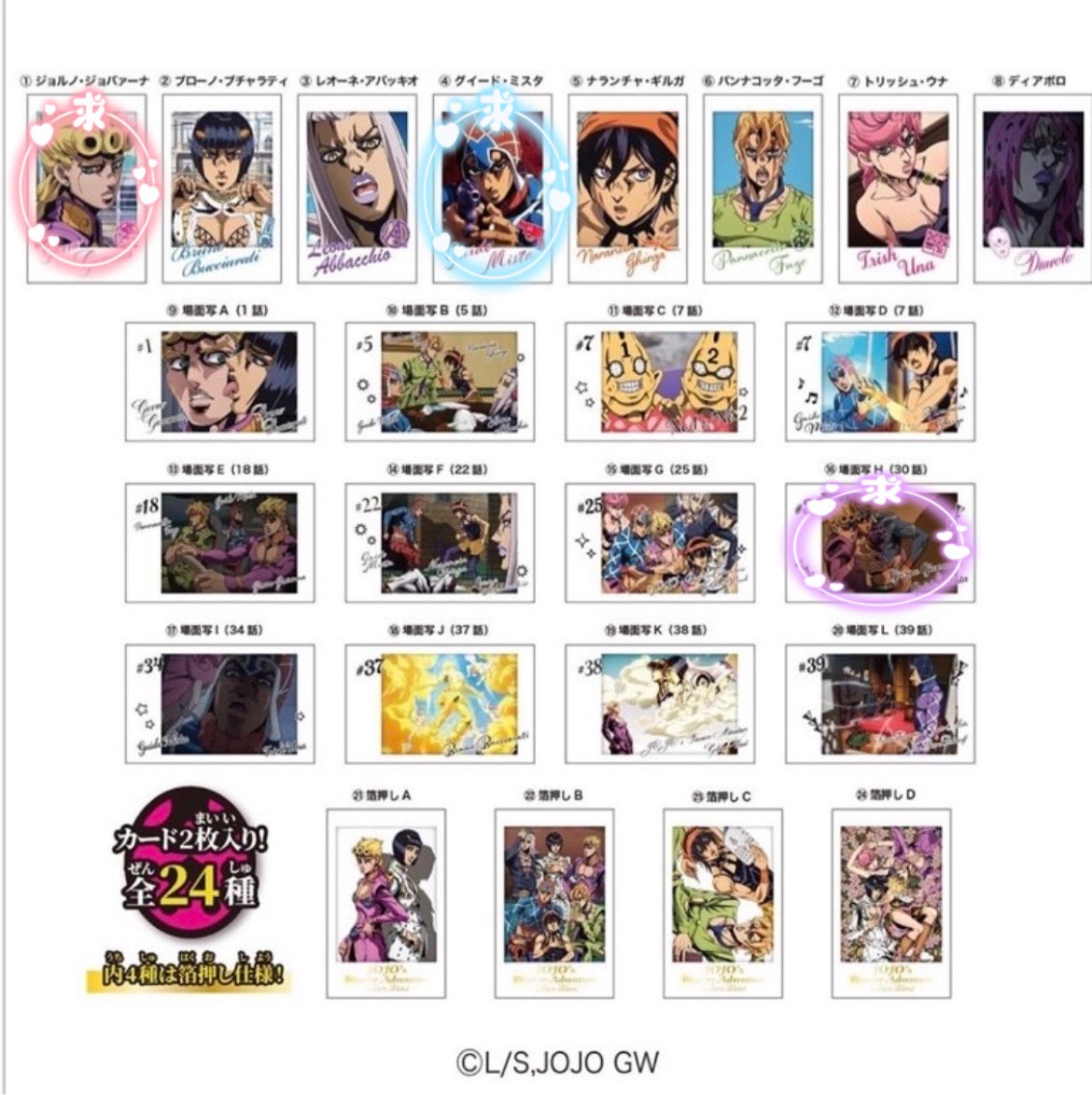y_02_x's tweet photo. 【交換】ジョジョの奇妙な冒険 
キャラポトレ 黄金の風 

譲/1~2枚目
求/3枚目  赤>青>紫

郵送
纏めての方優先
紫は赤か青含む方優先

検索からでもお気軽にお声掛けください。 https://t.co/NeqqqrFhoR