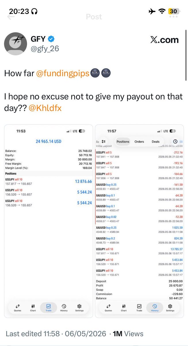 Rx_fxKing's tweet photo. Remember when @gfy_26 withdrew a massive $25K from a $25K @fundingpips account? 😳

The post hit 1M+ views, and the trader got paid. 💰

Now, @Khldfx has a humble request 🙏 Hopefully, he gives this trader another chance to bounce back and rise again. 📈

@MR_EUR0 @Isabelloisa1 https://t.co/BH1aK6GOdk