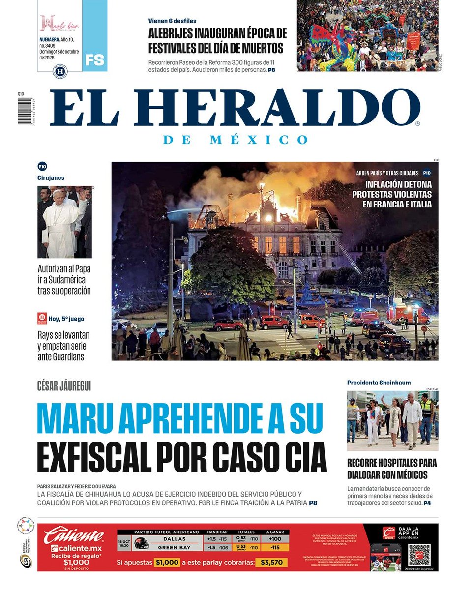 heraldodemexico's tweet photo. #EnPortada de El Heraldo de México  📰:

🔵 Alebrijes inauguran época de festivales del Día de Muertos
🔵Maru aprende a su exfiscal por caso CIA   
🔵 Inflación detona protestas violentas en Francia e Italia 

➡ https://t.co/Bx7DgFE8CV https://t.co/PzAAwAPMFr