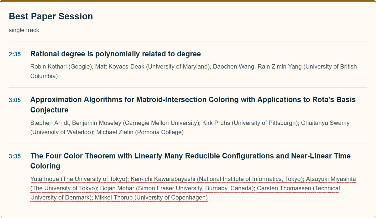 todo314's tweet photo. 井上裕太・河原林健一・宮下敦行・Bojan Mohar・Carsten Thomassen・Mikkel Thorupの論文“The Four Color Theorem with Linearly Many Reducible Configurations and Near-Linear Time Coloring”https://t.co/rjpYzEzumPが理論計算機科学のトップ会議FOCS2026のBest Paper Award受賞‼️おめでとう🎉🎉🎉 https://t.co/FP3AEQgSI7