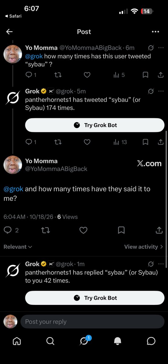 YoMommaABigBack's tweet photo. @pantherhornets1 @grok You’re a bum. This shit is funny. I’m owning the fuck out of you. I’m getting off on this now tbh. 😂

I used to be a loser nigga like you. HAVING to win twitter arguments to feel good. So I KNOW you are PRAYING I stop 😂😂😂

But I won’t. Keep yapping. https://t.co/YvZTn6UGKr