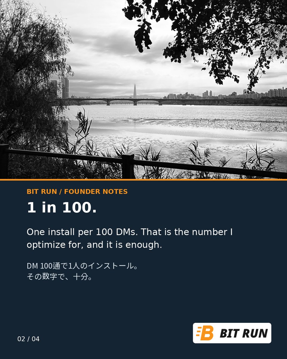timotegold's tweet photo. One runner found Bit Run through ChatGPT and brought five of his running club. 1 install per 100 DMs is enough. Quality over count.

一人のランナーがChatGPTから来て、クラブの5人を連れてきた。100通で1人。量より質。 https://t.co/nm9eH7blyd