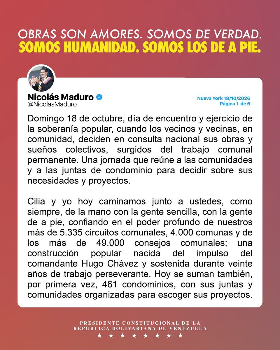 NicolasMaduro's tweet photo. Domingo 18 de octubre, día de encuentro y ejercicio de la soberanía popular. Una jornada que reúne a las comunidades y a las juntas de condominio para decidir sobre sus necesidades y proyectos. https://t.co/1gtFMrYGre
