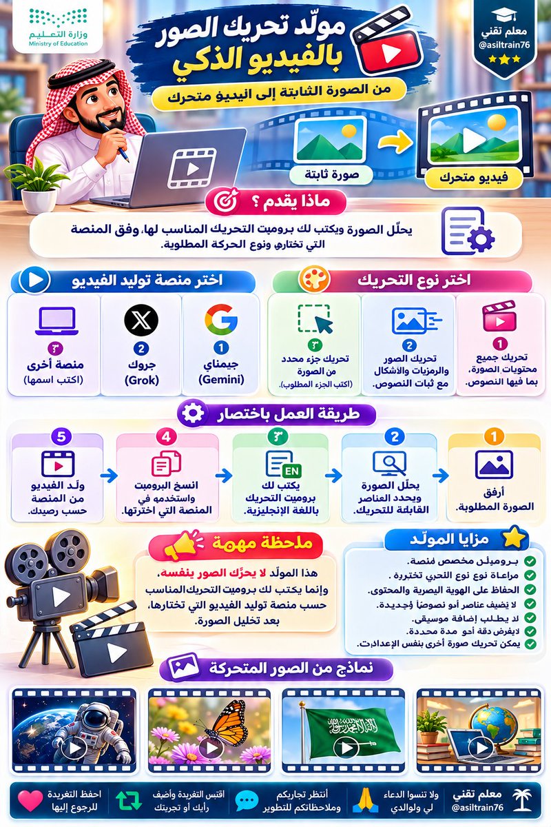 asiltrain76's tweet photo. 🎬 عندك صورة تعليمية جميلة، وودك تحوّلها إلى فيديو متحرك؟ 😍

لكن المشكلة تبدأ هنا 👇

وش أكتب لمنصة الفيديو؟
وكيف أخلي الصور والرمزيات تتحرك بدون ما تتغير النصوص أو تتشوّه الكلمات؟ 👀
🎁 هدية جديدة لزملائي المعلمين والمعلمات، ابتغاء وجه الله تعالى.

📌 ملاحظة مهمة:

هذا المولّد لا يحرّك الصور بنفسه، وإنما يحلّل الصورة ويكتب لك برومبت التحريك المناسب حسب منصة توليد الفيديو التي تختارها، سواء جيمناي أو جروك أو غيرهما.
🎬 بعدها تنسخ البرومبت وترفق الصورة الأصلية في المنصة المختارة لتوليد الفيديو.

🔥 «محرّك الصور الذكي»

الفكرة بسيطة جدًا! 😎
📷 أنت تقدم الصورة، وهو يكتب لك برومبت التحريك المناسب لها باللغة الإنجليزية، بعد تحليل محتواها وتحديد العناصر التي يمكن تحريكها.

🎥 أولًا تختار المنصة:
١- جيمناي (Gemini)
٢- جروك (Grok)
٣- منصة أخرى تختارها بنفسك.

🎨 ثم تختار نوع التحريك:

١️⃣ تحريك جميع محتويات الصورة، بما فيها النصوص.
٢️⃣ تحريك الصور والرمزيات والأشكال مع ثبات النصوص والعناوين.
٣️⃣ تحريك جزء محدد من الصورة، مع ثبات بقية العناصر.
وبعدها ترفق الصورة… والباقي عليه! 🔥

🧠 يحلل محتواها، ويقترح حركة تناسب العناصر الموجودة، ويجهز لك برومبت مخصصًا للمنصة التي اخترتها.

والجميل؟ 👌

✅ يحافظ على الهوية البصرية الأصلية.
✅ يراعي اختيارك للعناصر المتحركة والثابتة.
✅ لا يطلب إضافة موسيقى.
✅ لا يفرض عليك دقة أو مدة معينة.
✅ يترك لك اختيار الدقة المناسبة لرصيدك.
✅ تقدر تحرك صورة ثانية بنفس الإعدادات دون البدء من جديد.

📌 للتوضيح:
المولّد لا ينشئ الفيديو بنفسه، بل يجهز برومبت التحريك الذي تستخدمه في منصة توليد الفيديو، والنتيجة تعتمد على إمكانات المنصة.

💡 يعني باختصار:

📷 صورة ثابتة
↓
🎥 اختيار المنصة
↓
🎨 تحديد نوع التحريك
↓
🧠 برومبت جاهز للنسخ
↓
🎬 فيديو متحرك عبر المنصة المختارة

👇 فيديو طريقة الاستخدام في أول رد
👇 البرومبت الكامل في ثاني رد
👇 نموذج من تحريك الصور في ثالث رد

❤️ احفظ التغريدة للرجوع إليها وقت الحاجة.
🌹 وإذا أعجبتك الفكرة، اقتبس التغريدة وأضف رأيك أو تجربتك، حتى أقدر أعيد نشر اقتباسك وندعم ظهور حسابات بعضنا البعض.
🤲 وإذا استفدت فلا تنسني ووالدي من دعوة صادقة.
🚀 والقادم بإذن الله أجمل.

🌹 ويسعدني عند النقل أو إعادة النشر الإشارة إلى الحساب:
@asiltrain76

#الذكاء_الاصطناعي #التعليم #تحريك_الصور #ChatGPT