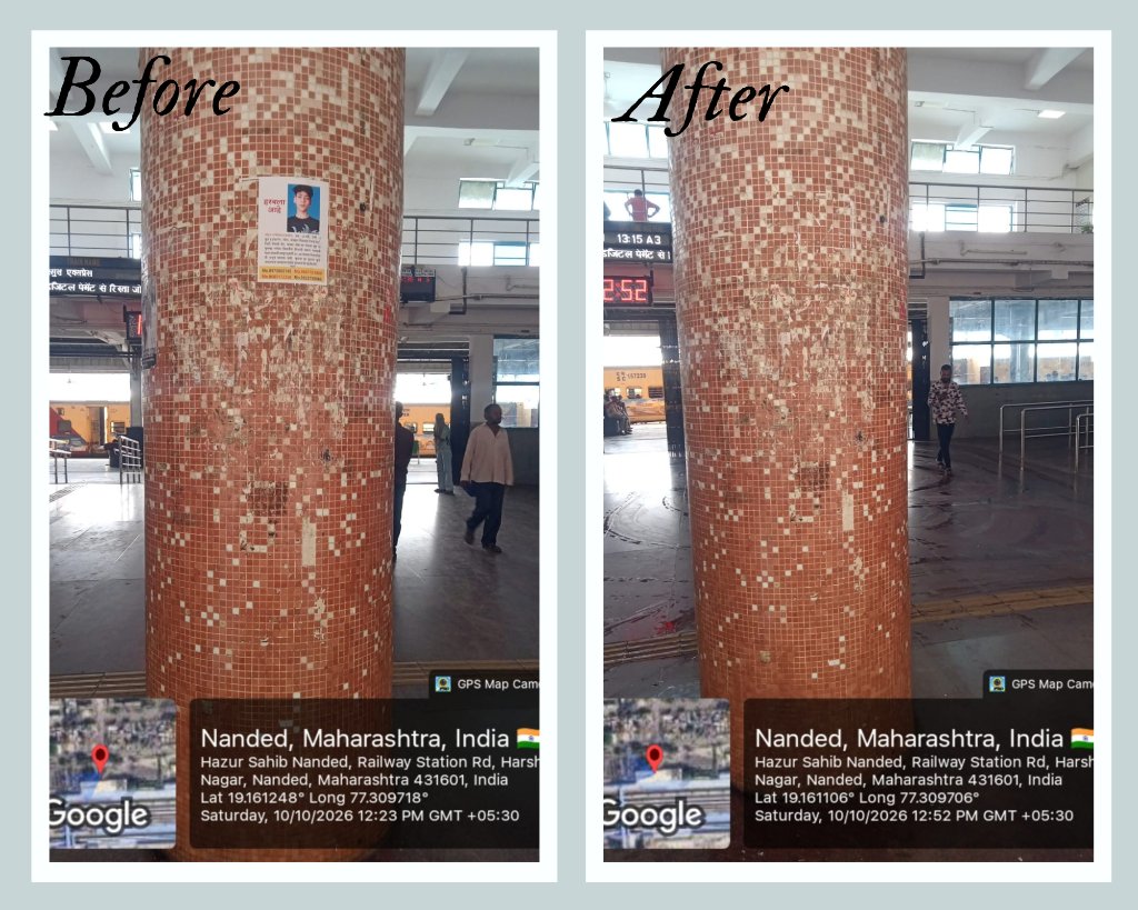 drmned's tweet photo. 🚉✨ Clean Railway Premises, Positive Change!

♻️ A special cleanliness drive was conducted at Nanded Railway Station under Swachhata Hi Seva–2026. During the drive, unauthorized posters, banners and advertisements were removed, and paan and gutka stains were cleaned to enhance the cleanliness and appearance of the railway premises. 🌿

#SwachhataHiSeva2026 #NandedDivision #IndianRailways
@SCRailwayIndia
@RailMinIndia